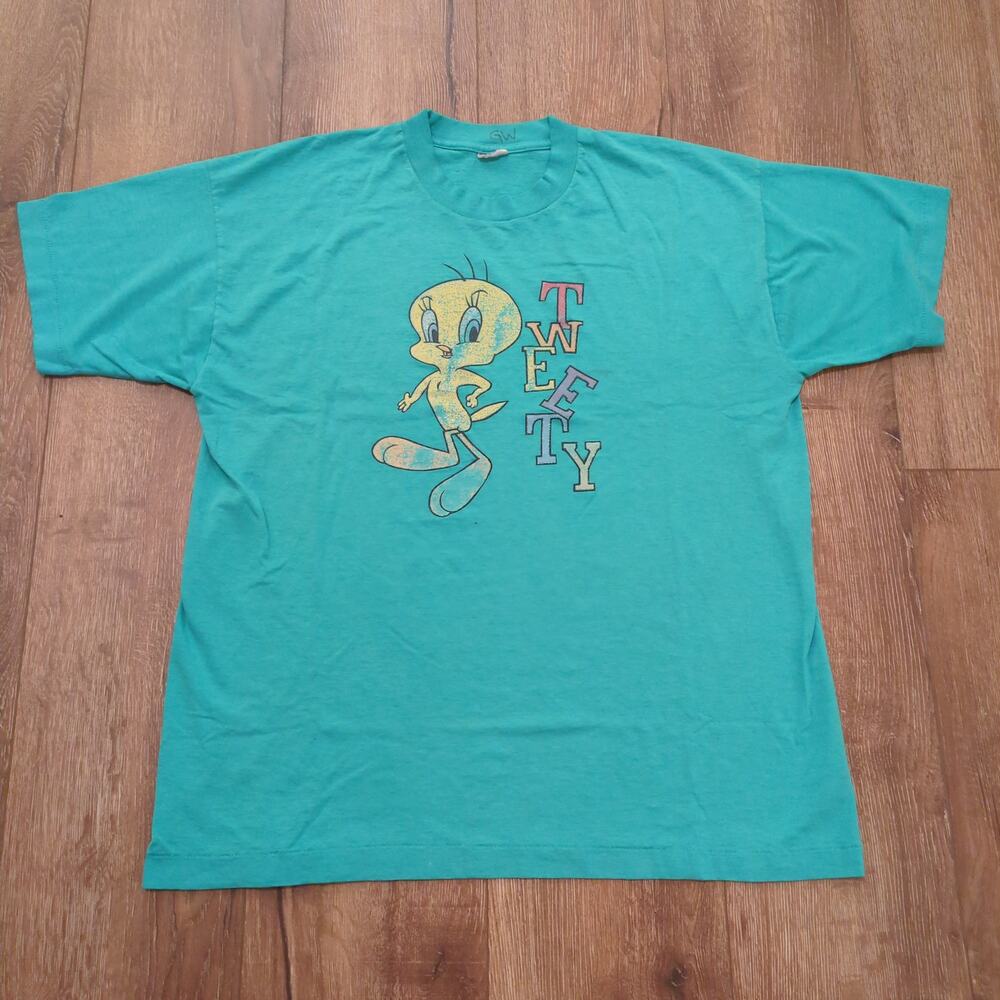 VTG Tweety Bird Looney Tunes Adult XL Shirt Teal Turquoise 90s Single‎ Stitch